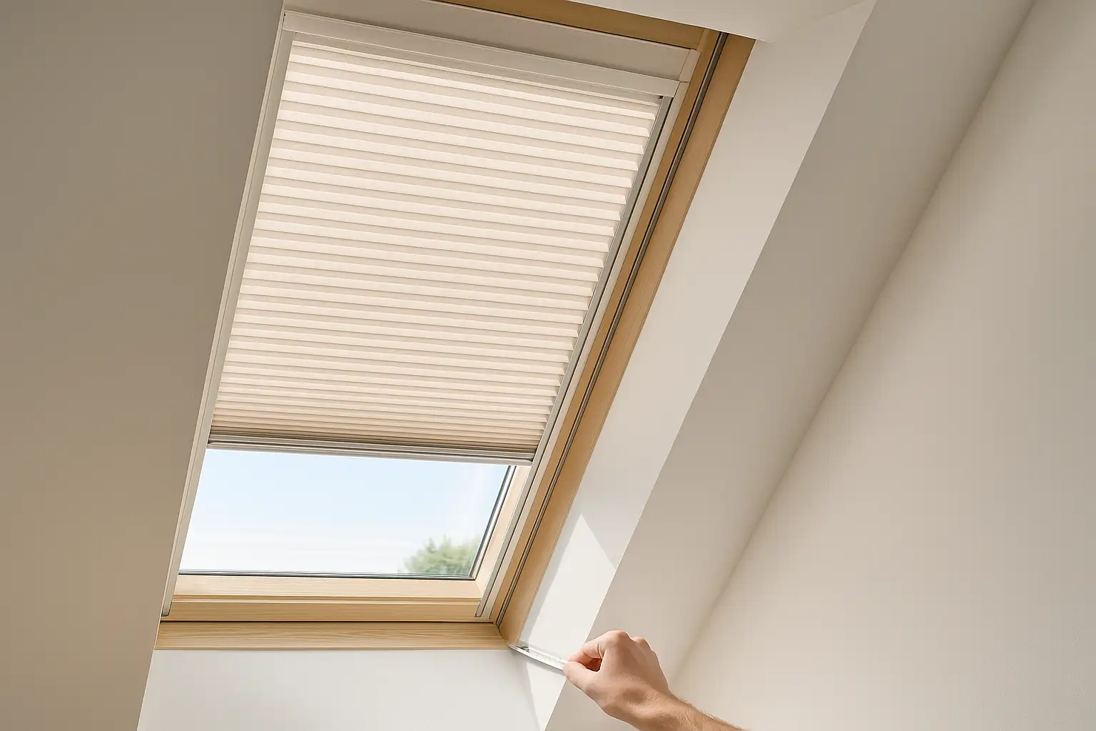 Passgenaue Konfiguration für Dachfenster mit Plissee, Führungsschienen, Hitzeschutz und Griffleiste Dachfenster mit passgenauem Plissee, seitlichen Führungsschienen und gespannten Schnüren gegen Durchhängen, reflektierende Rückseite für Hitzeschutz, Bedienung per Griffleiste, kompatibel mit verschiedenen Dachfenstertypen und -größen