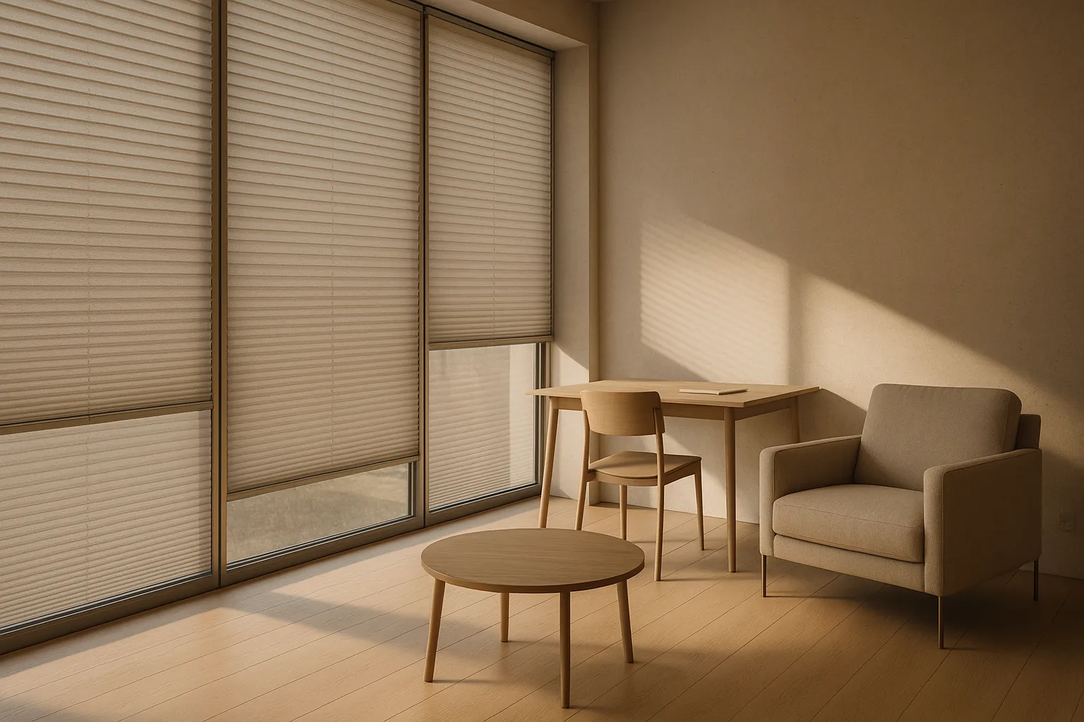 Ruhiges Interieur mit tageslichtoptimiertem Plissee