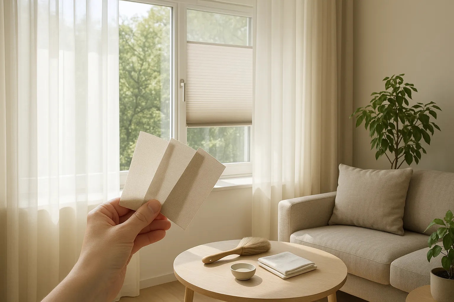 Stoffe, Transparenzstufen und Farben für harmonische Raumwirkung mit Wabenplissee, Voile und UV-stabilen Färbungen Fensterdekoration mit Voile, halbtransparenten Stoffen und Wabenplissee, matte Oberflächen, UV-stabile Farben, Ton-in-Ton, harmonische Raumwirkung, Pflegezubehör