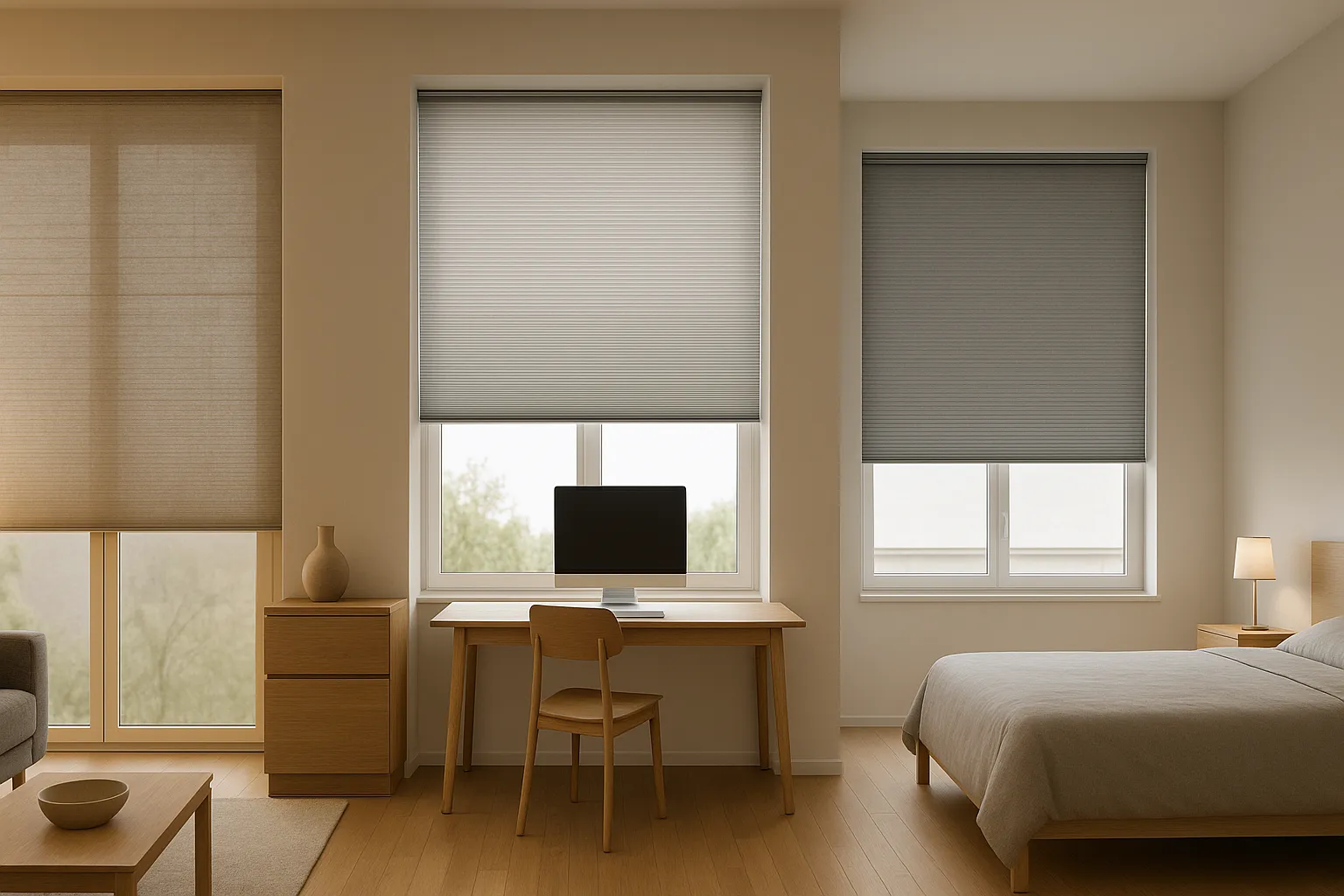 Stoffe, Transparenzstufen und Farben für harmonische Raumwirkung – Nebelgrau-Leinen im Wohnbereich, metallisiertes Wabengewebe im Arbeitszimmer, steingraues Waben-Blackout im Schlafzimmer Innenraum-Panorama mit Wohnbereich in warmem Nebelgrau-Leinen und Eiche, blendfreiem Arbeitszimmer mit kühl-neutralem metallisiertem Wabengewebe an der Südfassade und Schlafzimmer mit steingrauem Waben-Blackout; harmonische Raumwirkung durch abgestimmte Stoffe, Transparenzstufen und Farben