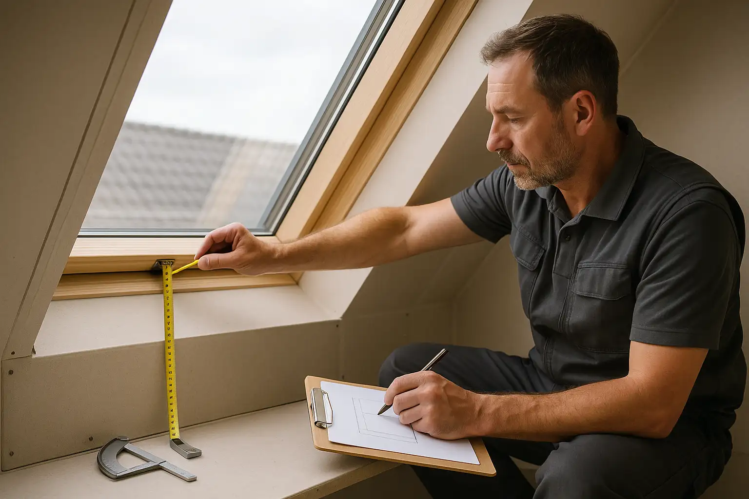 Nahtlose Integration bei Sonderformen: Messung von Dachfenstern, Rund- und Schrägfenstern mit Geometrieprofil Nahtlose Integration von Sonderfenstern: präzise Messung an Dachfenster, Rundfenster und Schrägfenster mit Referenzkante, Breiten- und Höhenpunkten, Radius- und Winkelprüfung, Einbauraum und Störkanten