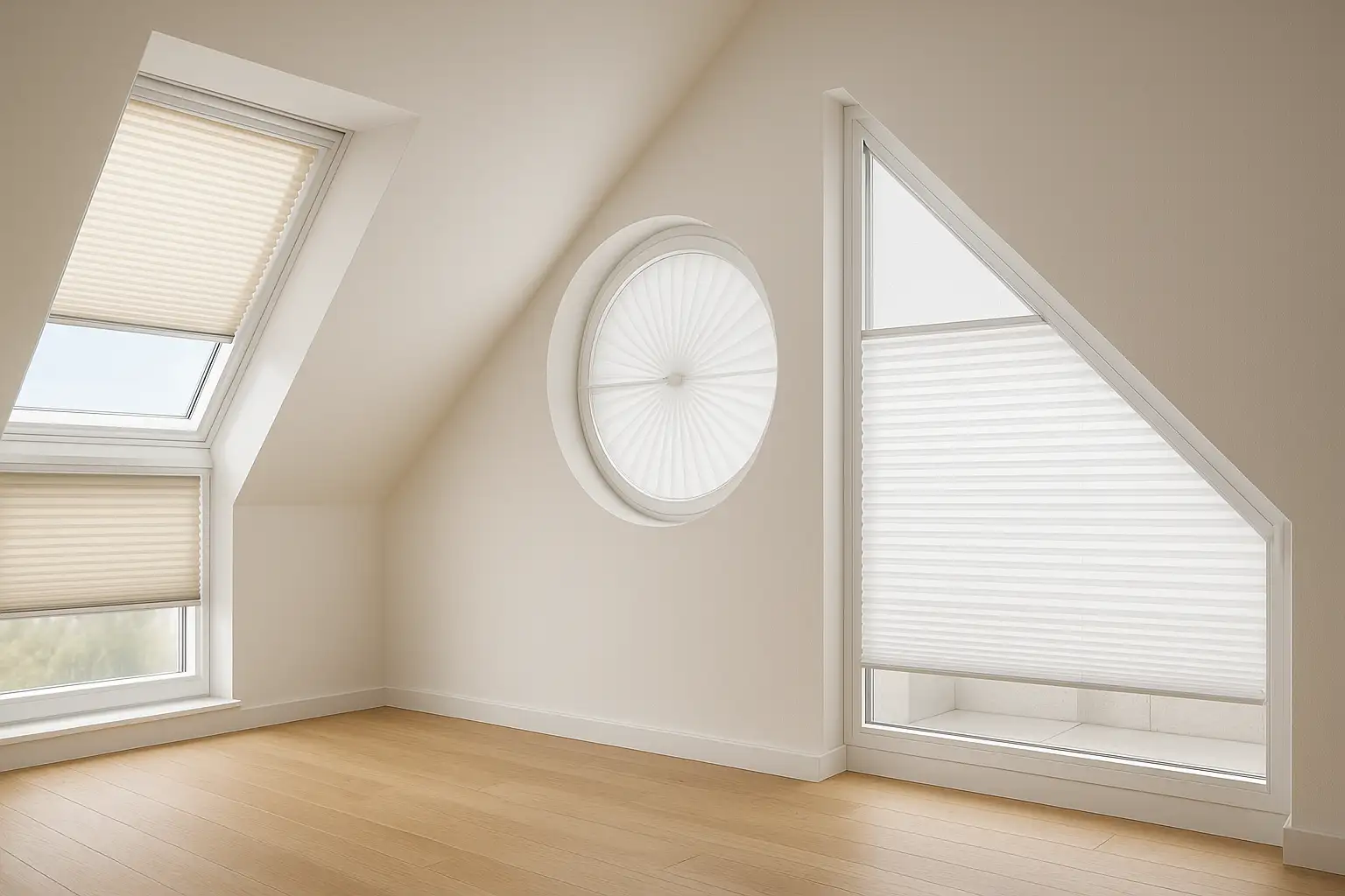 Nahtlos integrierte Plissees für Dachfenster, Rund- und Schrägfenster – präzise Führung, minimale Spaltmaße, optimiertes Lichtmanagement Plissee nahtlose Integration bei Dachfenster, Rundfenster und Schrägfenster mit flächenbündigen Führungsschienen, radialer Technik, Gegenzug, Wabenstoff, blendfreie Tageslichtlenkung, Verdunkelung und verbesserter Wärmedämmung