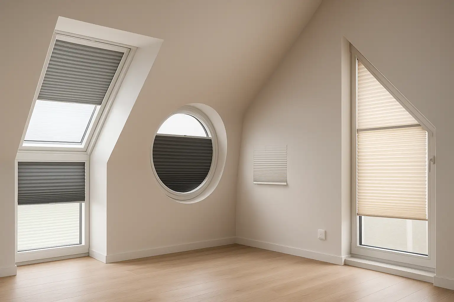 Nahtlos integrierte Plissees für Dachfenster, Rundfenster und Schrägfenster – passgenaue Führung, Tageslichtlenkung, Verdunkelung und thermische Optimierung Nahtlos integrierte Plissees an Dachfenster, Rundfenster und Schrägfenster mit flächenbündigen Führungsschienen, präziser Maßanfertigung, Wabenplissee für bessere Wärmedämmung, blendfreie Tageslichtlenkung und optionaler Verdunkelung, servicefreundliche Spannpunkte und Abdeckungen