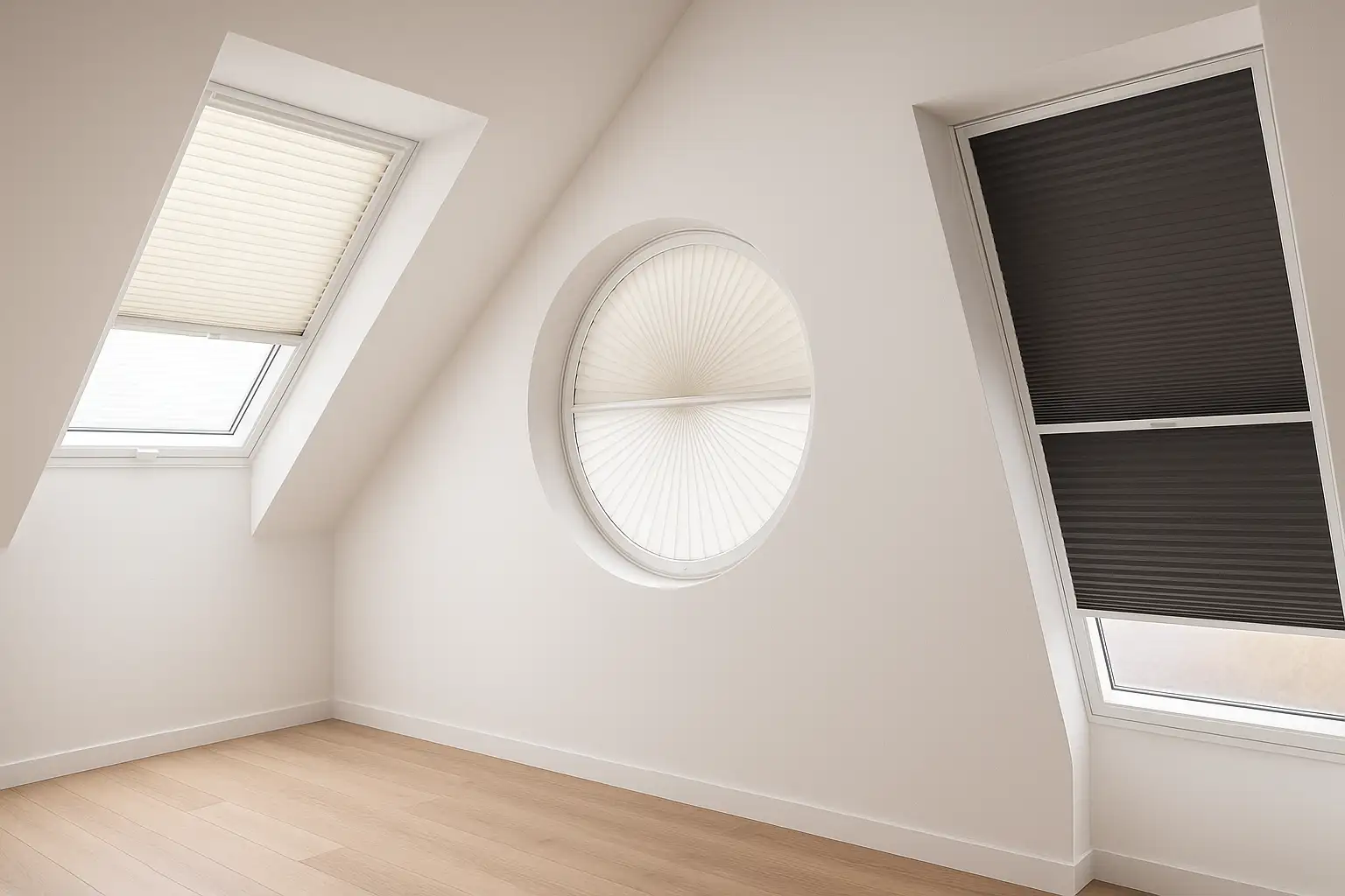Nahtlos integrierte Plissees für Sonderformen – Dachfenster, Rundfenster und Schrägfenster mit passgenauer Führung, minimalen Spaltmaßen und optimiertem Licht- und Thermomanagement Nahtlose Integration von Plissees an Dachfenstern, Rundfenstern und Schrägfenstern mit farbgleichen Führungsschienen, flächenbündigen Profilen, symmetrischem Faltenwurf, blendfreier Tageslichtlenkung, Verdunkelungsoption und wabenbeschichtetem Stoff für verbesserten U‑Wert in einem modernen Innenraum