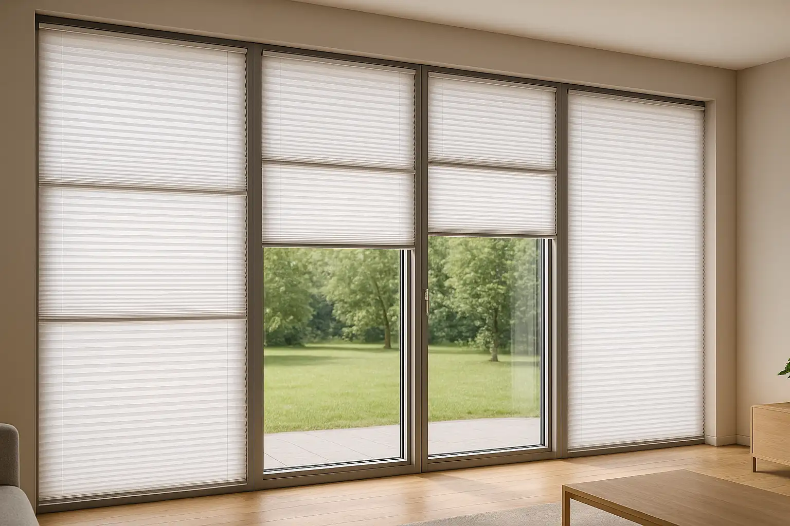 Passgenaue Fensterkonfiguration: Mehrfeld-Anlage mit Top-Down-Bottom-Up Faltrollos für große Glasflächen Passgenaue Konfiguration für bodentiefe Fenster, Mehrfeld-Anlage mit Top-Down-Bottom-Up Faltrollos, gleichmäßige Faltenteilung, Sichtschutz und Tageslichtbalance bei großen Glasflächen