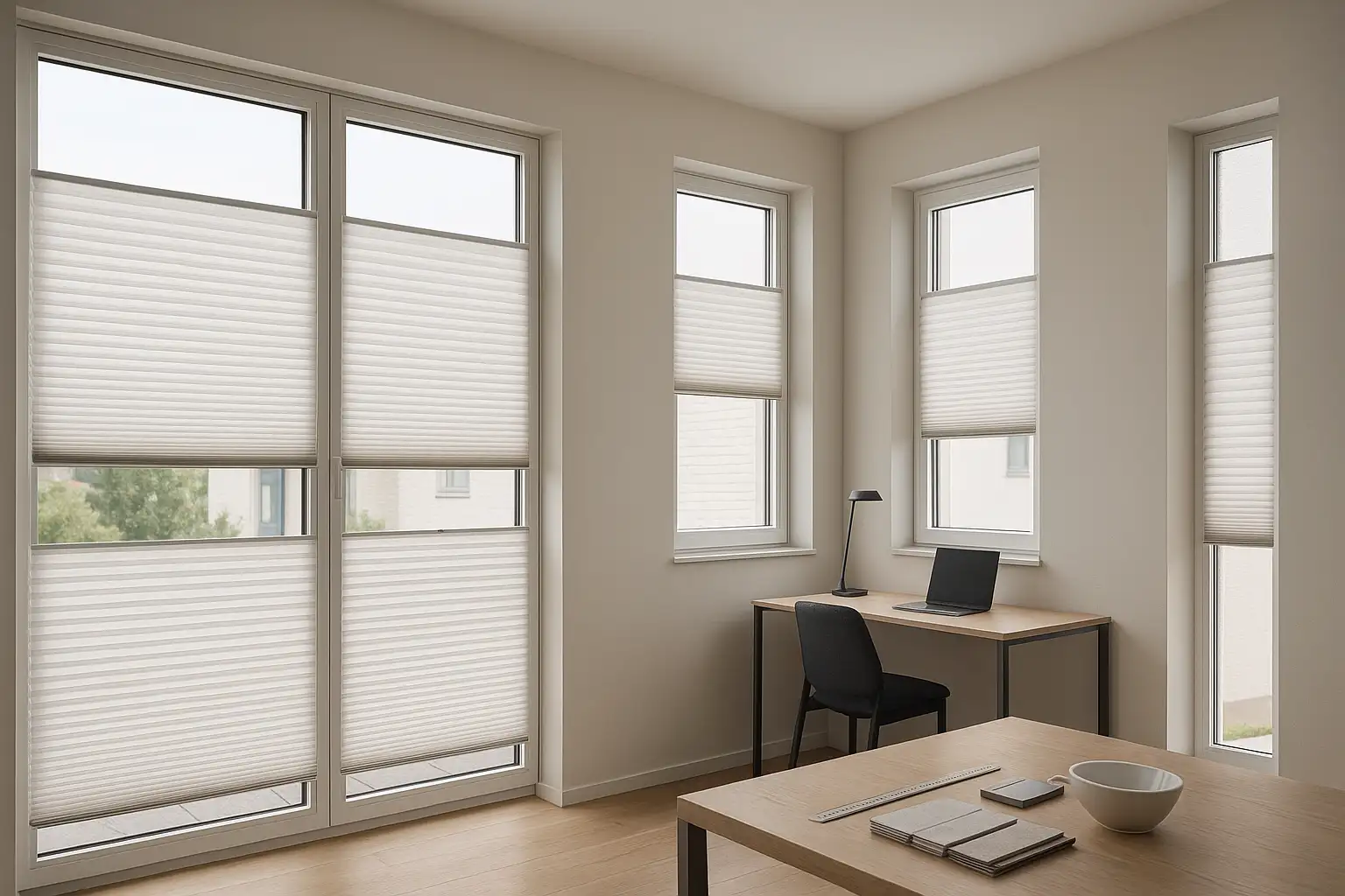 Passgenaue Plissee-Konfiguration für unterschiedliche Fenstergrößen und Situationen Passgenau integrierte Plissees an unterschiedlich großen Fenstern mit an Fensterachsen ausgerichteter Faltenteilung, profilfarbe an Rahmen angelehnt, oben-unten Bedienung für freien Sichtkorridor und blendfreien Arbeitsplatz, ruhige Farbpalette, minimalistisch und funktional