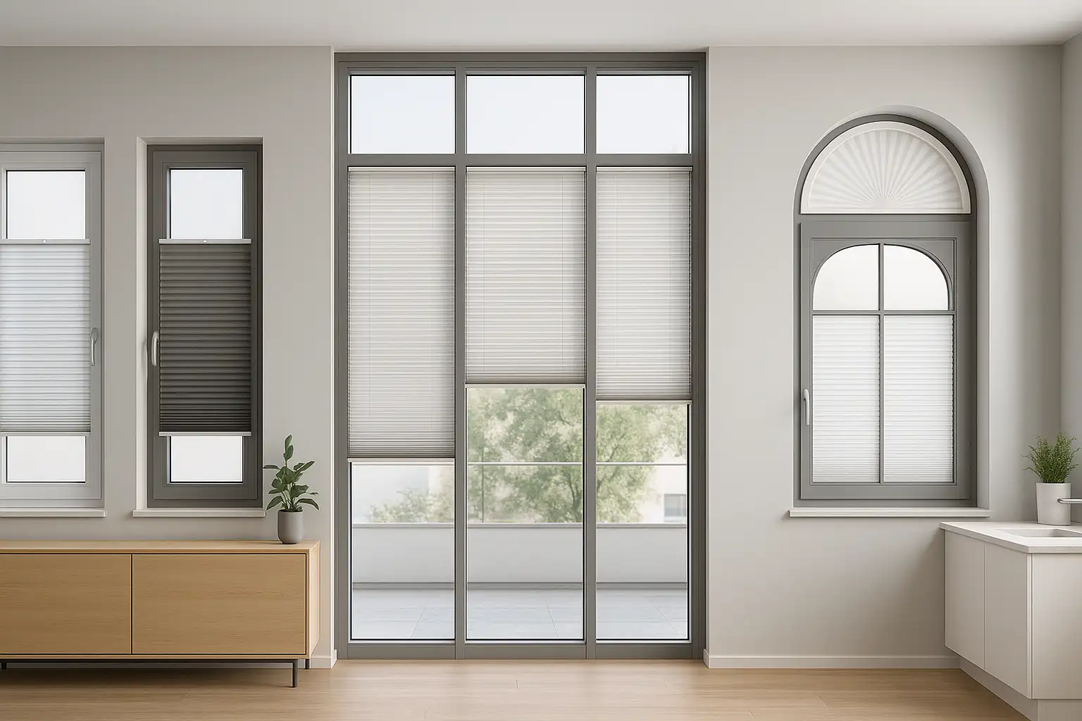 Passgenaue Plissee Konfiguration für verschiedene Fenstergrößen und Situationen – Standard, Dachfenster, bodentiefe Fenster, Sonderformen, Feuchtraum, Klemmmontage Showroom mit passgenauen Plissees für unterschiedliche Fenster: Standardfenster in Glasleiste, Dachfenster mit Seitenschienen und Hitzeschutz, bodentiefe Mehrfeldanlage mit top-down-bottom-up, Rundbogen und Trapez mit segmentierter bzw. schräger Faltung, Feuchtraum- und Mietobjektlösungen mit Klemm- oder Klebemontage