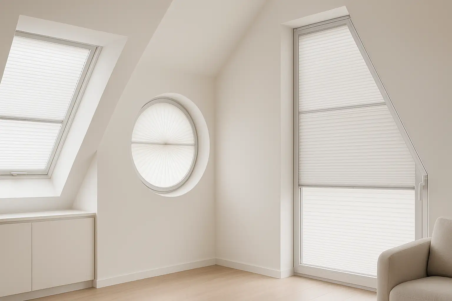 Nahtlose Integration von Plissees bei Sonderformen – Dachfenster, Rundfenster und Schrägfenster, präzise Maßanfertigung und Montage Passgenaue Plissees nahtlos integriert an Dachfenster, Rundfenster und trapezförmigem Schrägfenster mit seitlichen Führungsschienen, lichtdurchlässiger Sicht- und Blendschutz in modernem Dachstudio
