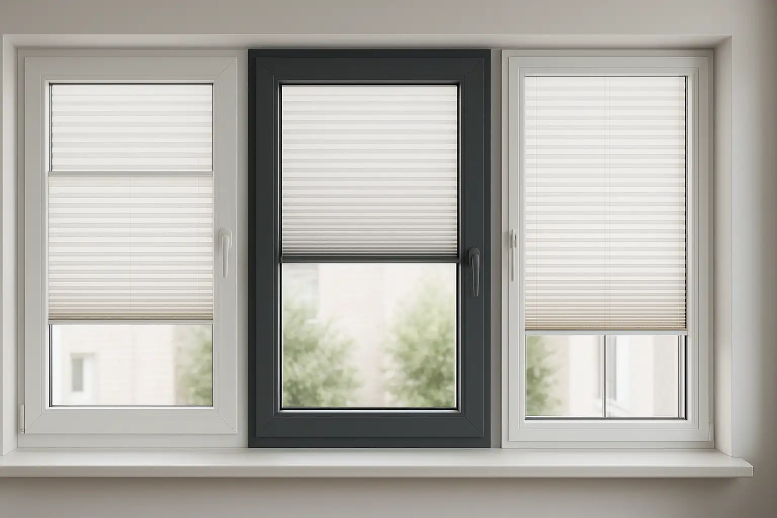 Passgenaue Plissee-Konfiguration für Dreh-Kipp-Fenster mit Glasleiste und Seitenschienen Plissee an Standard-Dreh-Kipp-Fenstern mit Glasleistenmontage und Rahmenmontage, Seitenschienen-Variante, weiße Rahmen, passgenaue Profile, grifffreie Kippstellung, minimale Lichtfugen