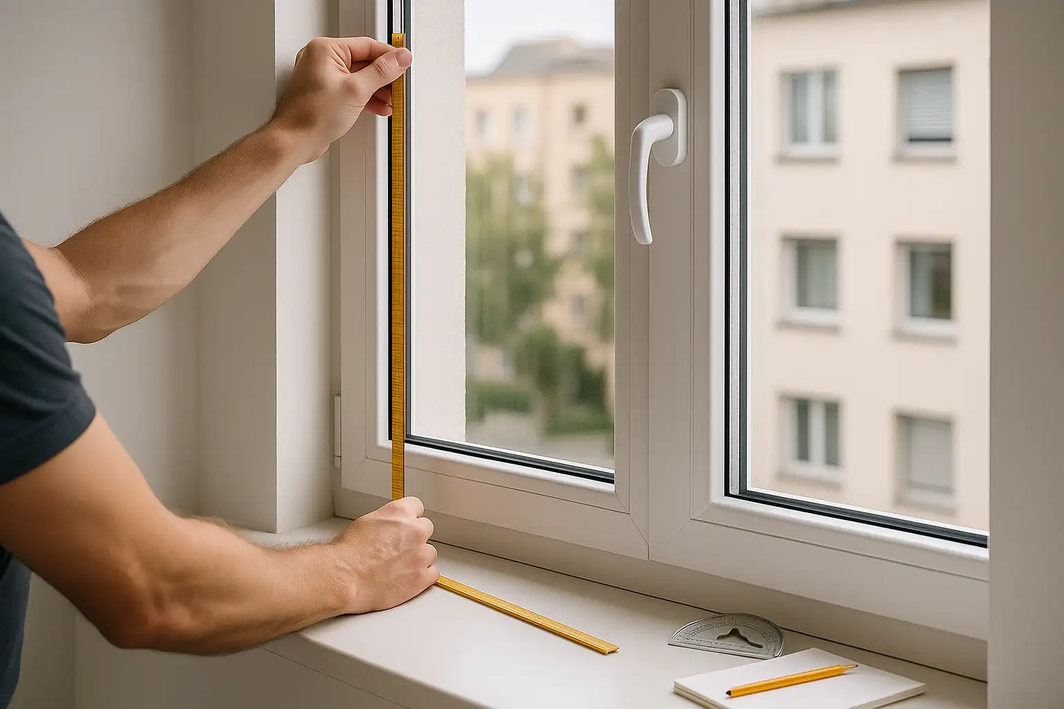 Passgenaue Plissee Messung für Glasleiste, Rahmen und Laibung – exakte Maße, Überdeckung planen, Griffleiste ergonomisch platzieren Passgenaue Plissee Konfiguration am Fenster: Monteur misst Glasleiste, Rahmen und Laibung, dreifache Breiten- und Höhenmessung, Leistentiefe und Winkel prüfen, Überdeckung gegen Lichtfugen planen, Seitenschienen Option, Sensoren und Lüftungsgitter frei, Griffbereich beachten