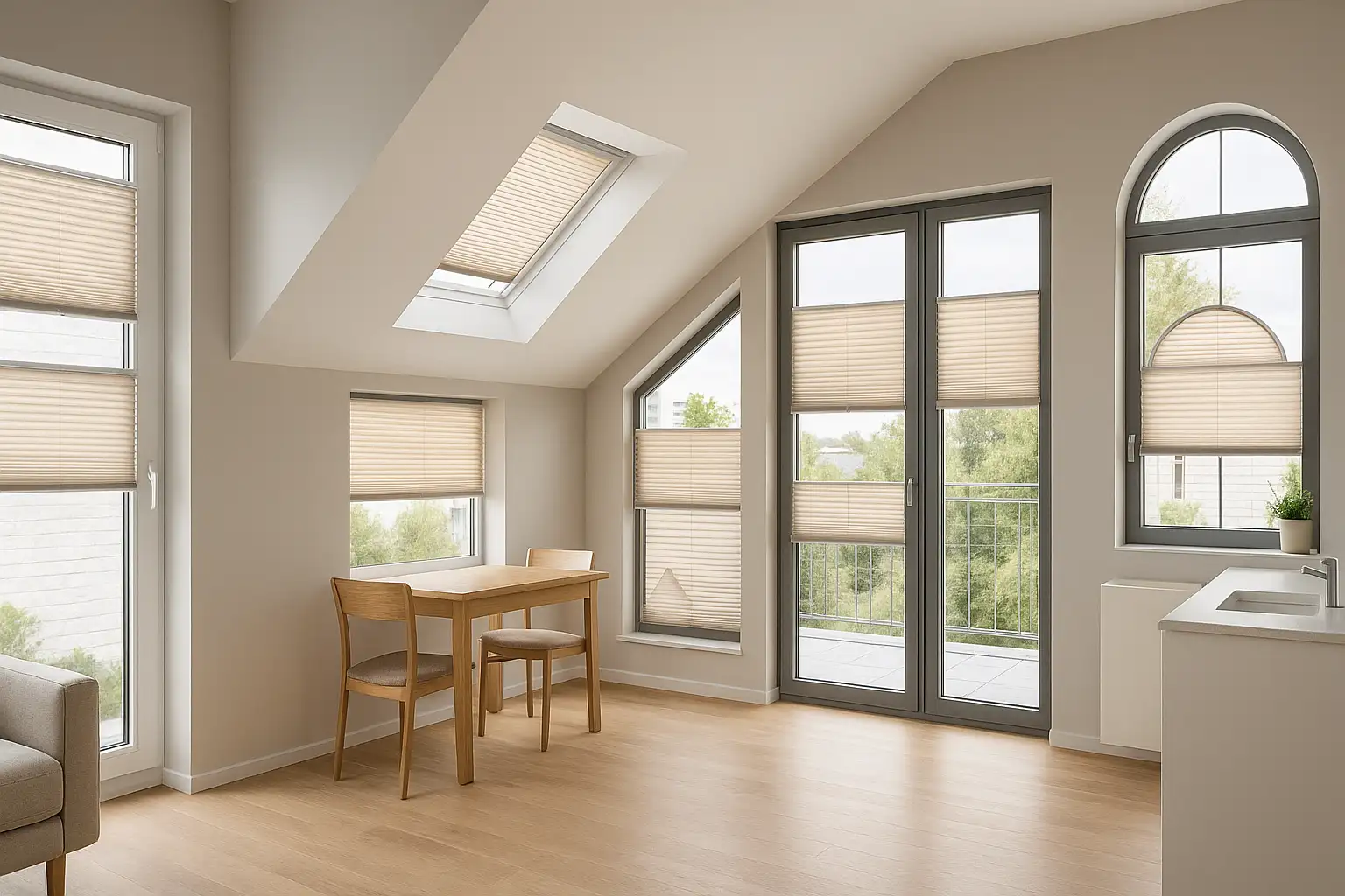 Passgenaue Plissee-Konfiguration für unterschiedliche Fenstergrößen und Situationen Passgenaue Plissee-Konfiguration für Standardfenster, Dachfenster, bodentiefe Glasflächen, Sonderformen wie Trapez- und Rundbogenfenster sowie Feuchtraumlösungen; seitliche Führungsschienen, Hitzeschutz, Mehrfeld-Anlagen, oben-unten-Bedienung, klemm- und klebemontierte Systeme