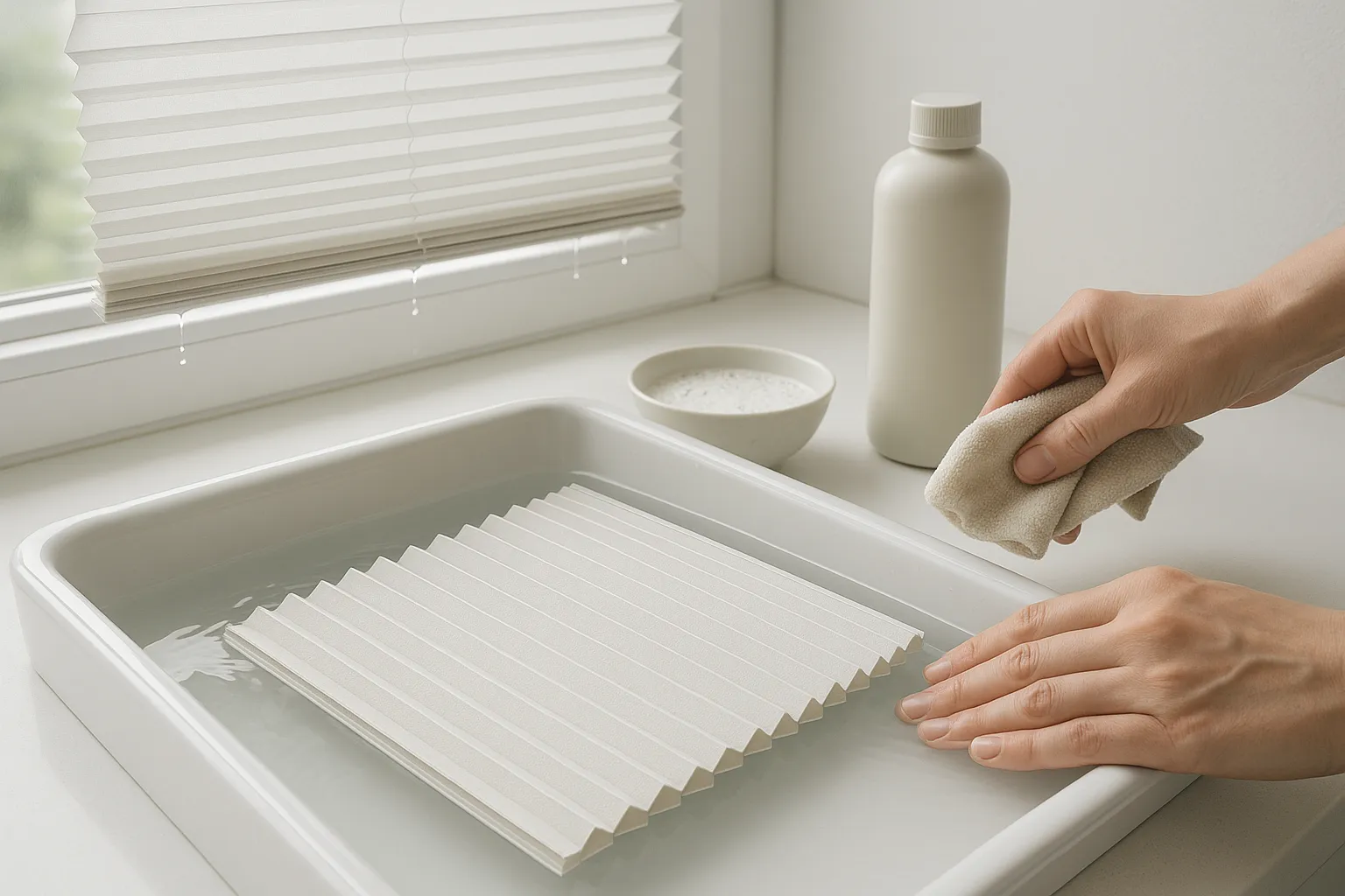 Handwäsche eines Plissees in einer Wanne mit klarem Wasser