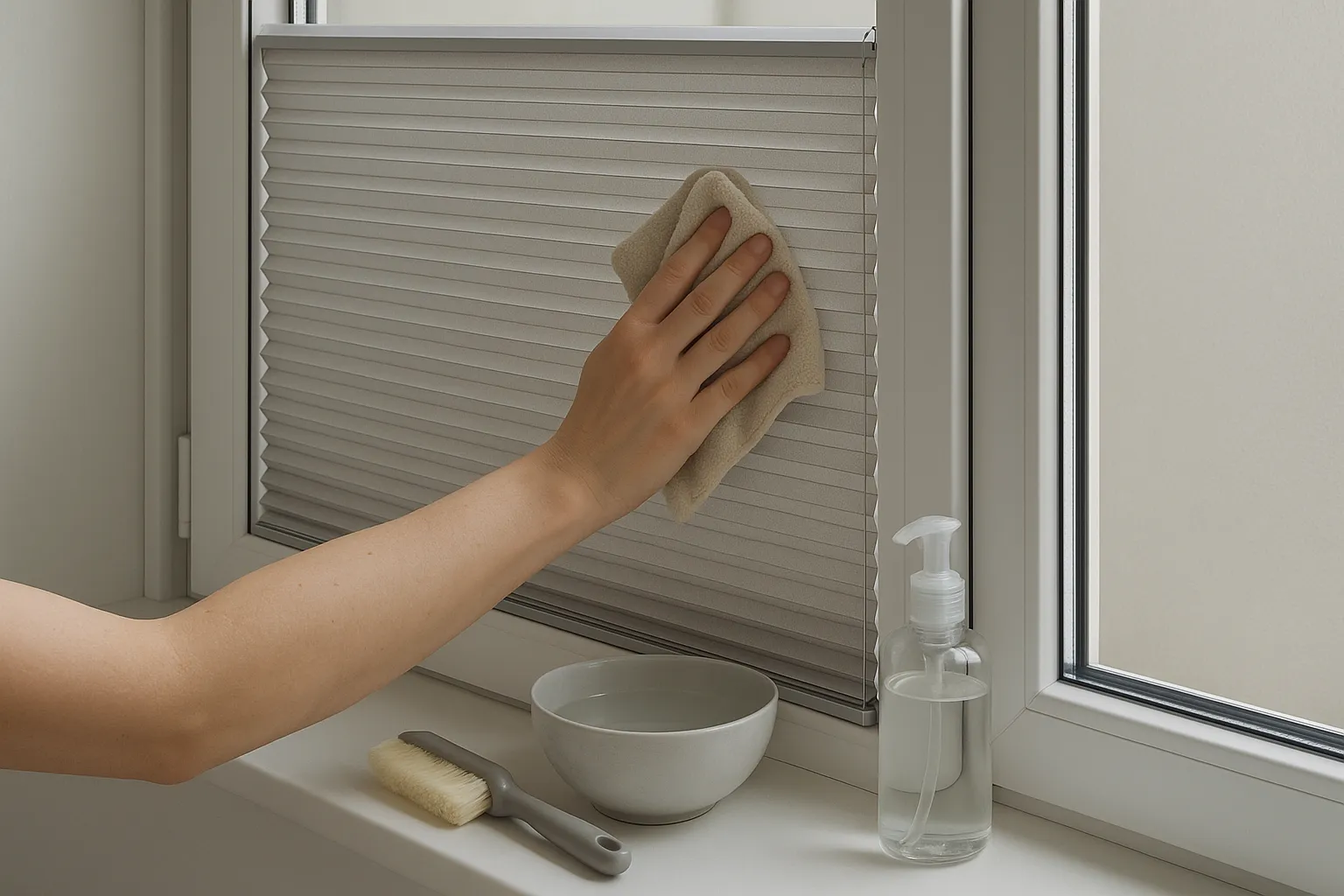 Minimalistisches Fenster mit passgenau integriertem, sauberem Plissee in moderner Umgebung