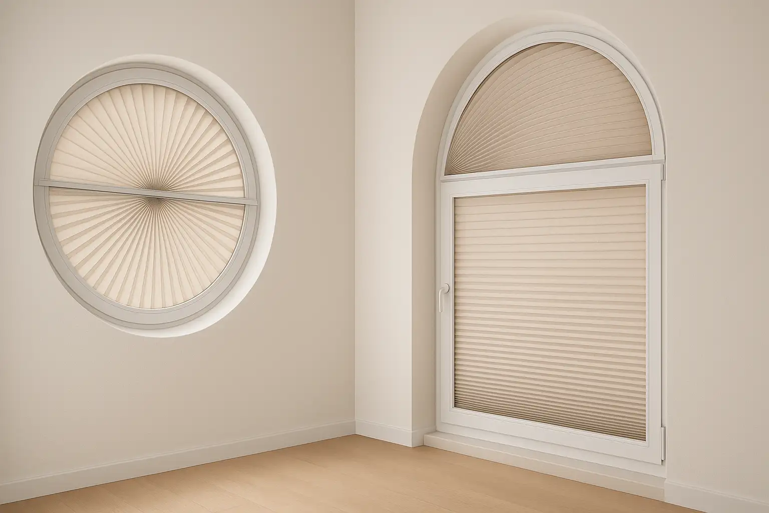 Nahtlose Integration von Plisseeanlagen an Rund- und Segmentbogenfenstern ohne Lichtkanten Plissee am Rundfenster mit radialen Profilen und Fächerfalten, segmentbogiges Fenster mit lichtdichten Profilanschlüssen, Montage am inneren Blendrahmen, maßgefräste Träger, flexible Bogenprofile, diskrete Schnurumlenkung