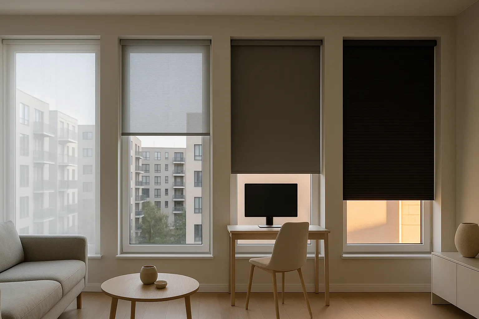 Stoffe, Transparenzstufen und Farben für harmonische Raumwirkung – Vergleich Transparent, Halbtransparent, Dimout, Blackout Fensterdekoration in vier Transparenzstufen – transparent, halbtransparent, Dimout und Blackout – in modernem Wohnraum mit urbanem Ausblick, variierenden Tageslichtstimmungen und harmonisch abgestimmten Stofffarben, inklusive Waben-Blackout ohne Lichtpunkte und reduziertem Bildschirmreflex am Arbeitsplatz